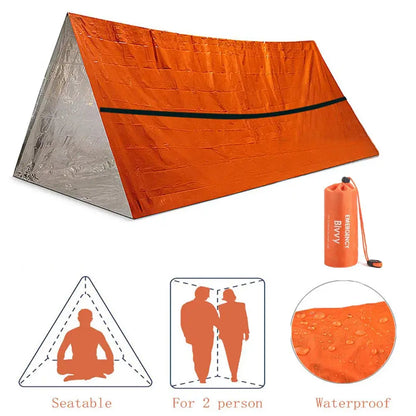 Orange emergency shelter with silver interior, packaging, and illustrations on a white background