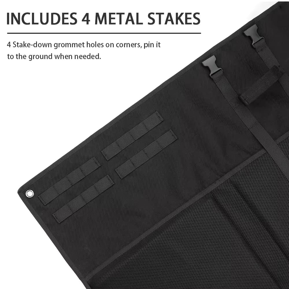 Tactical shooting mat feature graphic - includes 4 metal ground stakes with corner grommet holes for pinning down, black