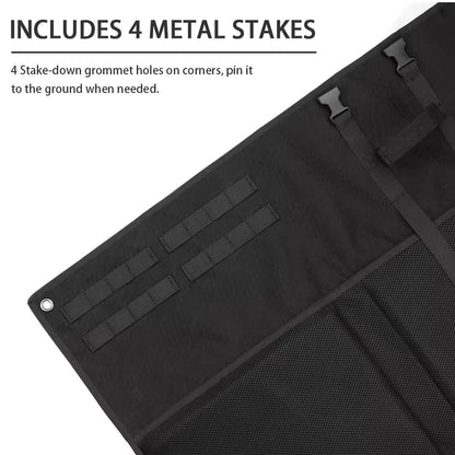 Tactical shooting mat feature graphic - includes 4 metal ground stakes with corner grommet holes for pinning down, black