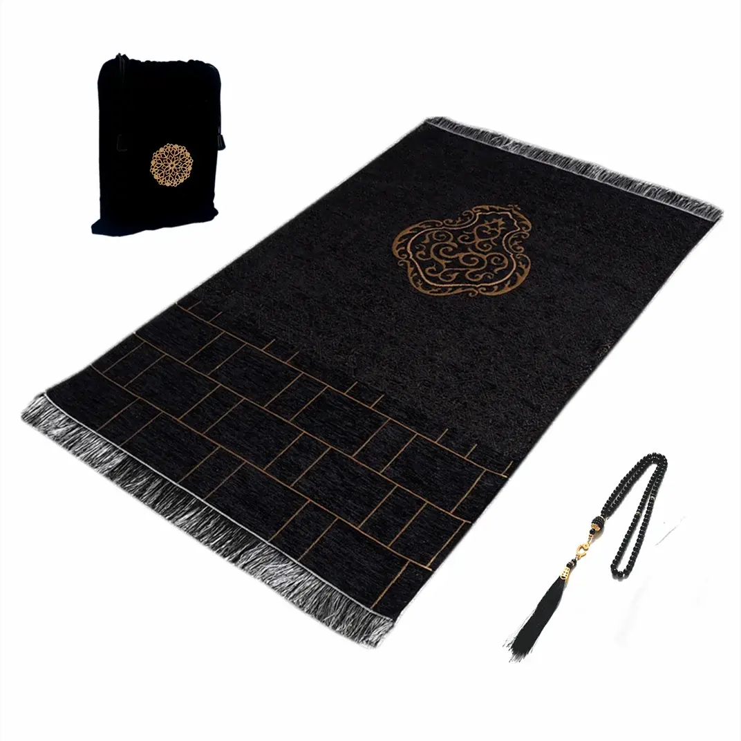 Black Turkish Muslim Prayer Rug Chenille Washable Ramadan Mat Portable 70×110cm AEX