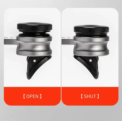 Metallic door stopper showing 'Open' and 'Shut' positions on a white background with red labels.