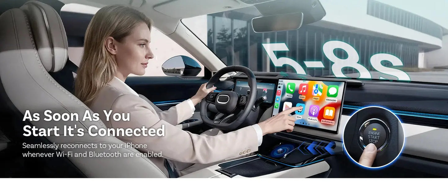 Woman using a car's infotainment system with smartphone integration features displayed.