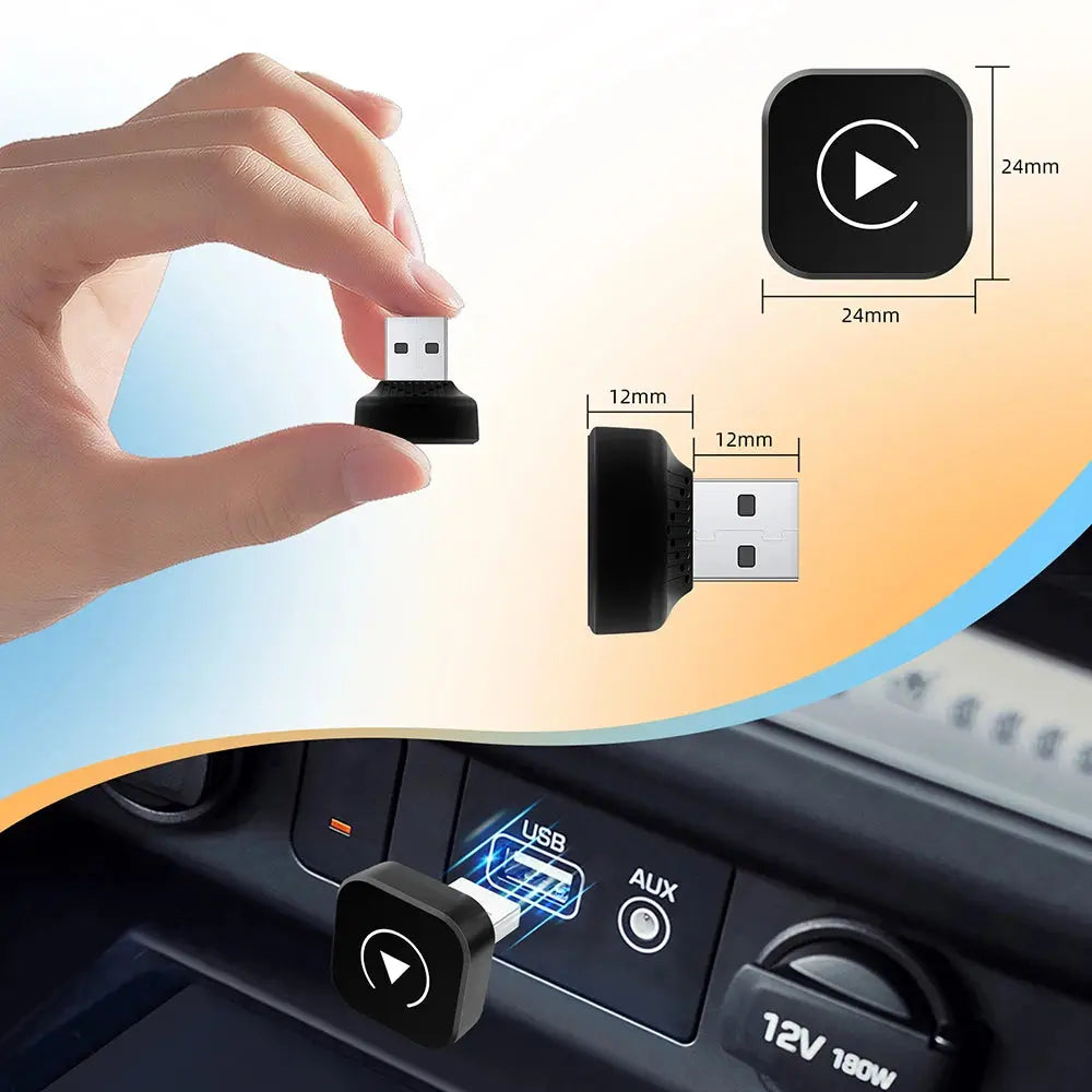 Car audio adapter with USB and AUX ports, hand holding it, and close-up of adapter on car dashboard.
