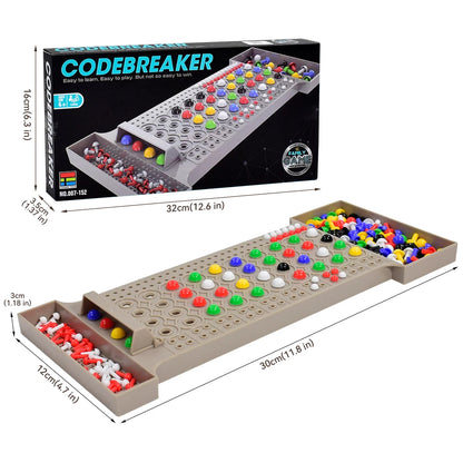 Board game 'Codebreaker' with colorful pegs and packaging showing dimensions.