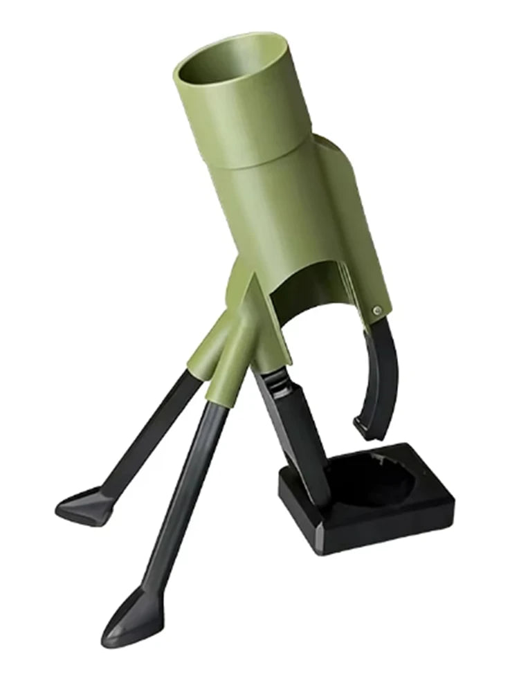 Olive green mortar beer bottle opener cap launcher with black tripod legs and base
