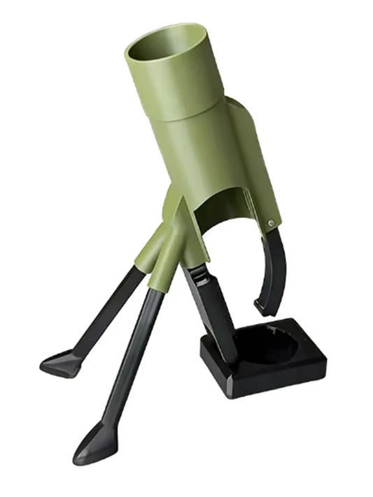 Olive green mortar beer bottle opener cap launcher with black tripod legs and base