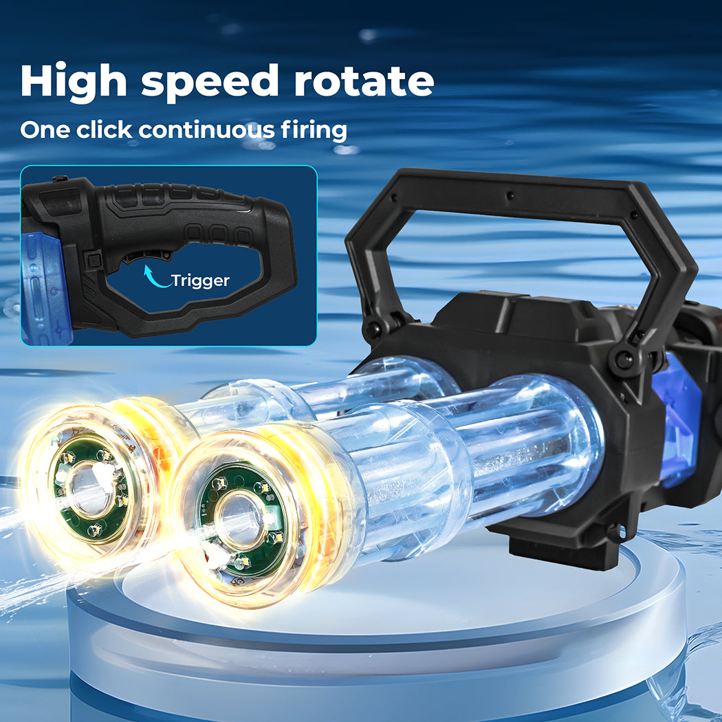 Electric Gatling Water Gun Blaster | Dual Barrel, LED Lights & Backpack Tank | Kids & Adults