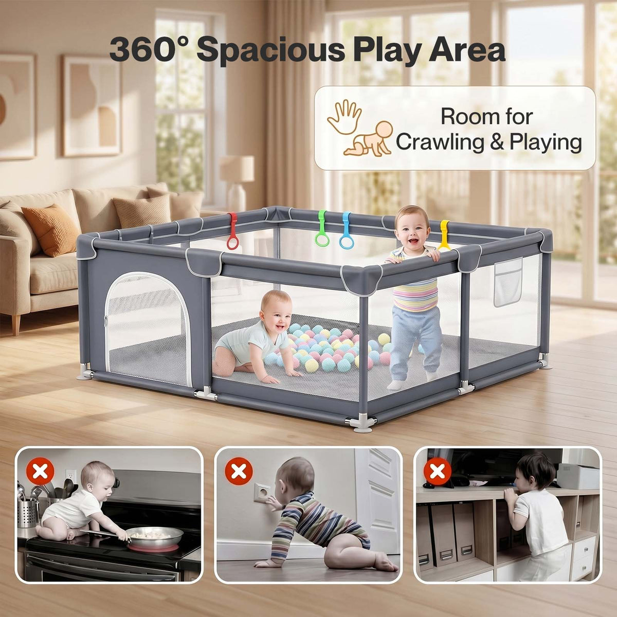BoPeep Baby Playpen 127x127cm 150x180cm Mesh Play Pen 150D Oxford Grey Av8Store Av8Store