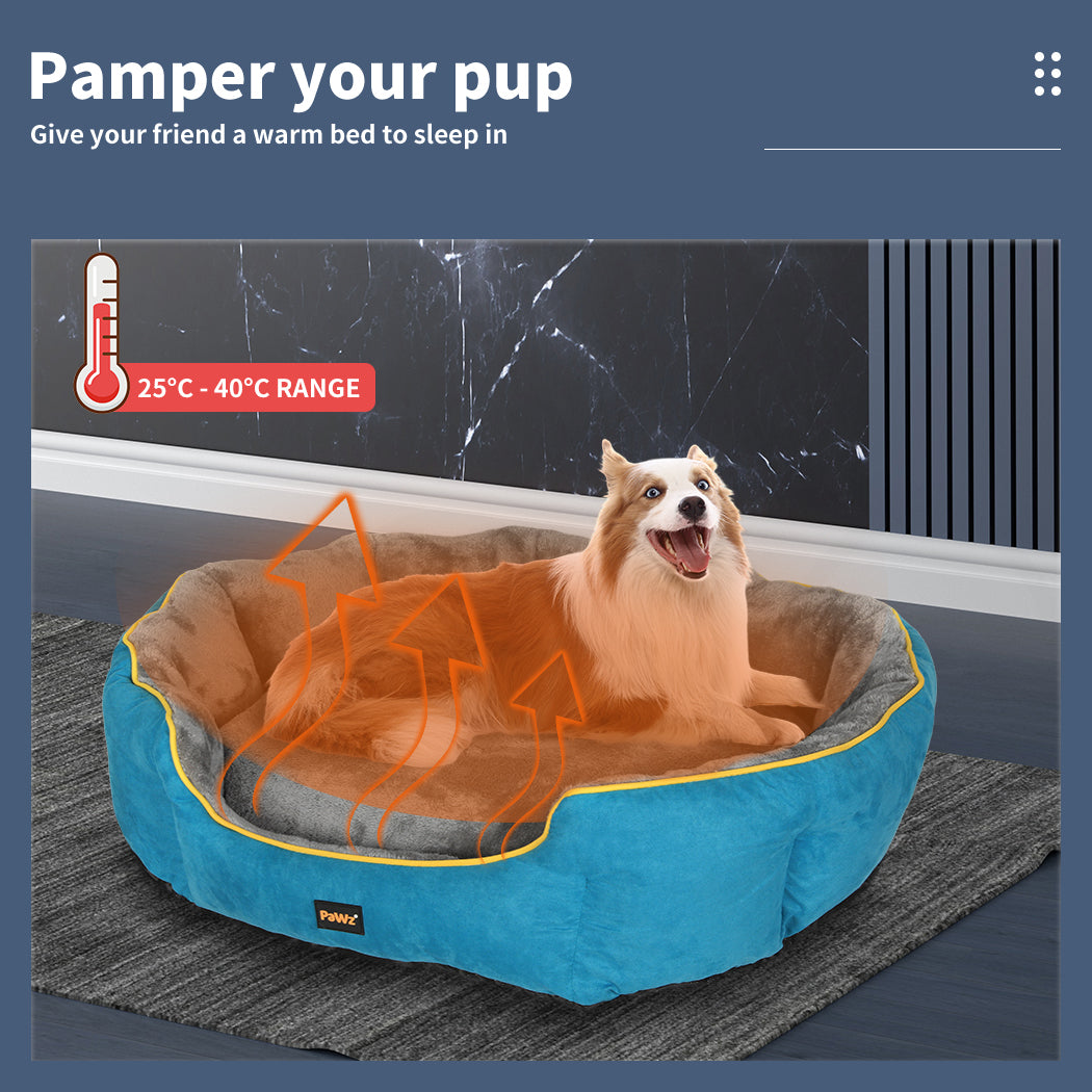 Dog lying on a blue pet bed with a temperature indicator and text 'Pamper your pup'.