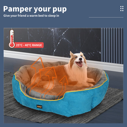 Dog lying on a blue pet bed with a temperature indicator and text 'Pamper your pup'.