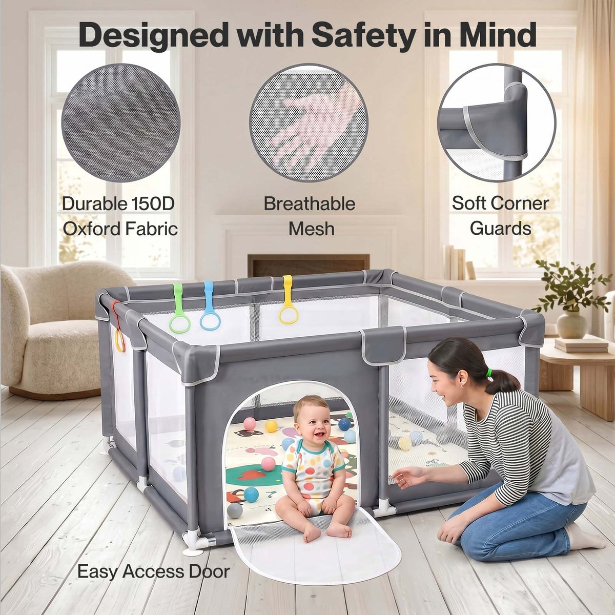 BoPeep Baby Playpen 127x127cm 150x180cm Mesh Play Pen 150D Oxford Grey Av8Store Av8Store