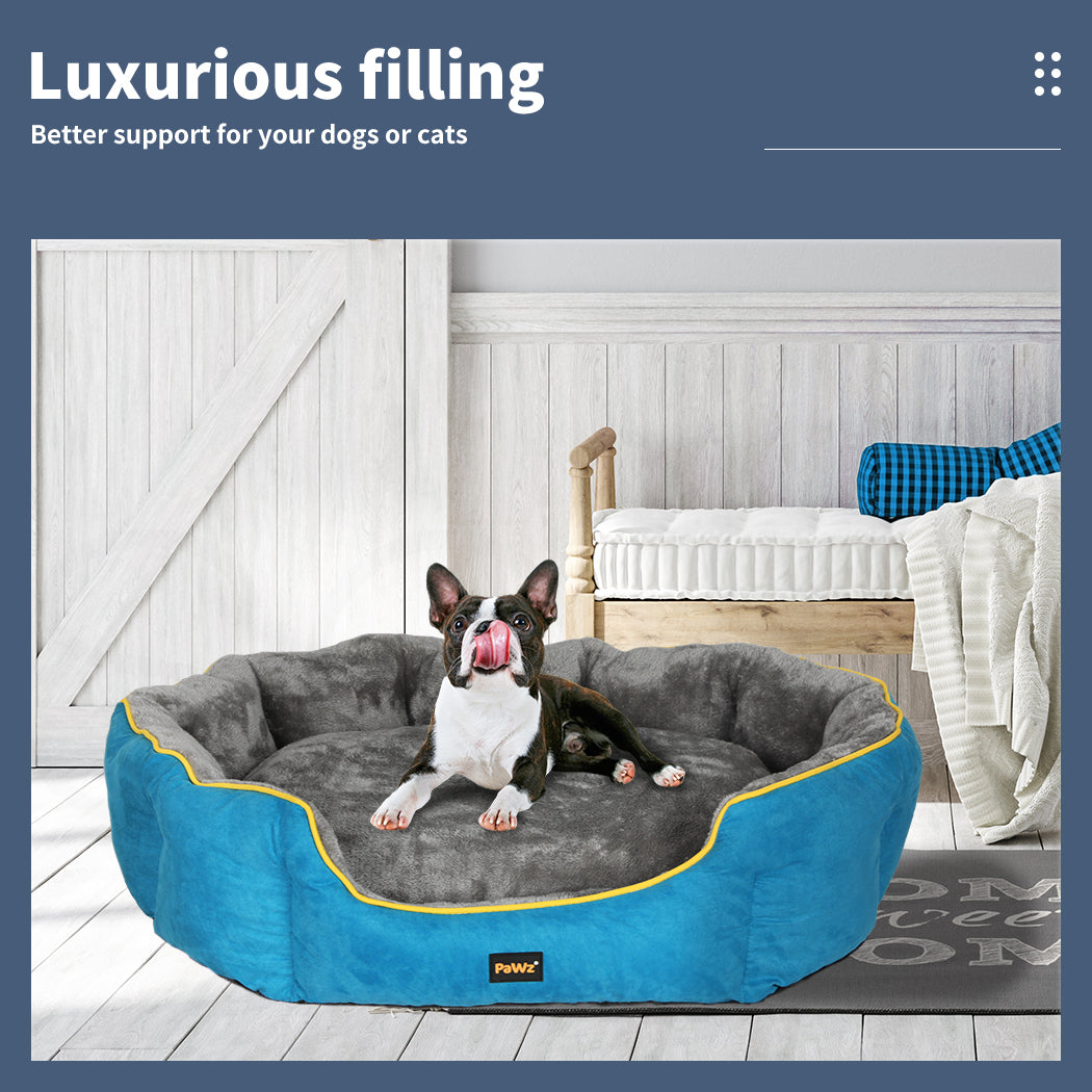 Dog lying on a gray and blue pet bed with a cozy room background