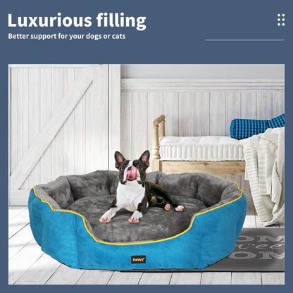 Dog lying on a gray and blue pet bed with a cozy room background