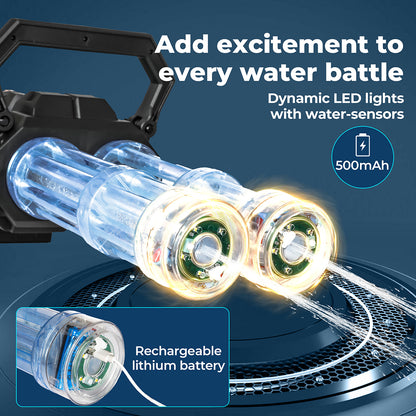 Electric Gatling Water Gun Blaster | Dual Barrel, LED Lights & Backpack Tank | Kids & Adults