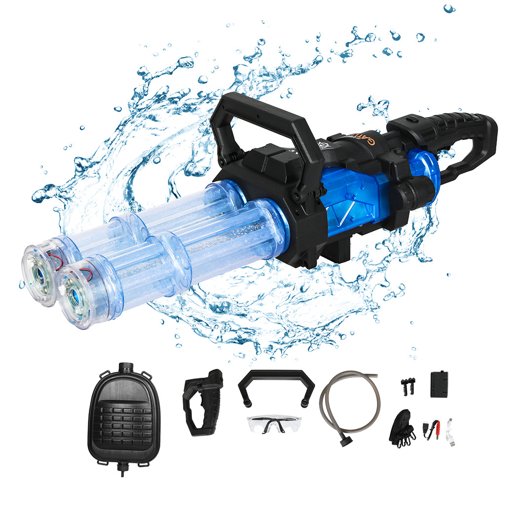 Electric Gatling Water Gun Blaster | Dual Barrel, LED Lights & Backpack Tank | Kids & Adults