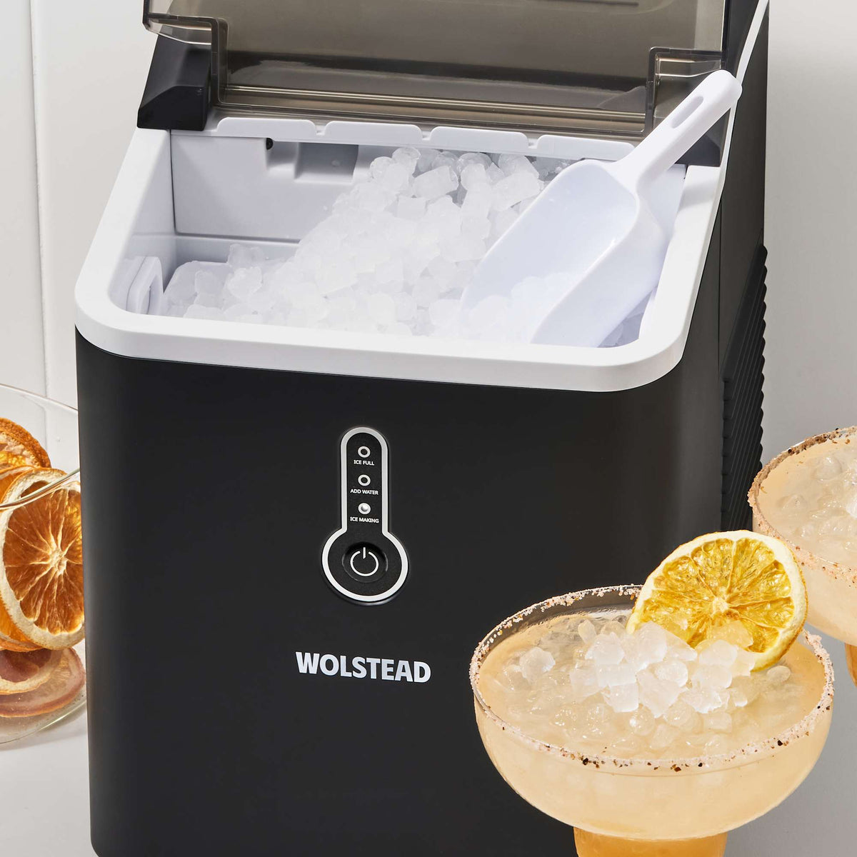 Wolstead Crystal Nugget Ice Maker 14kg on a kitchen benchtop
