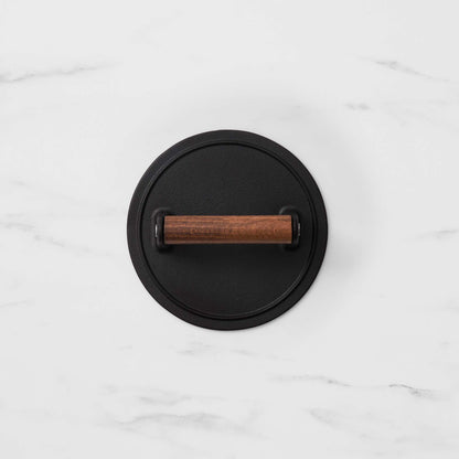 Wolstead Ember Cast Iron Burger Smasher with beechwood handle, angled view