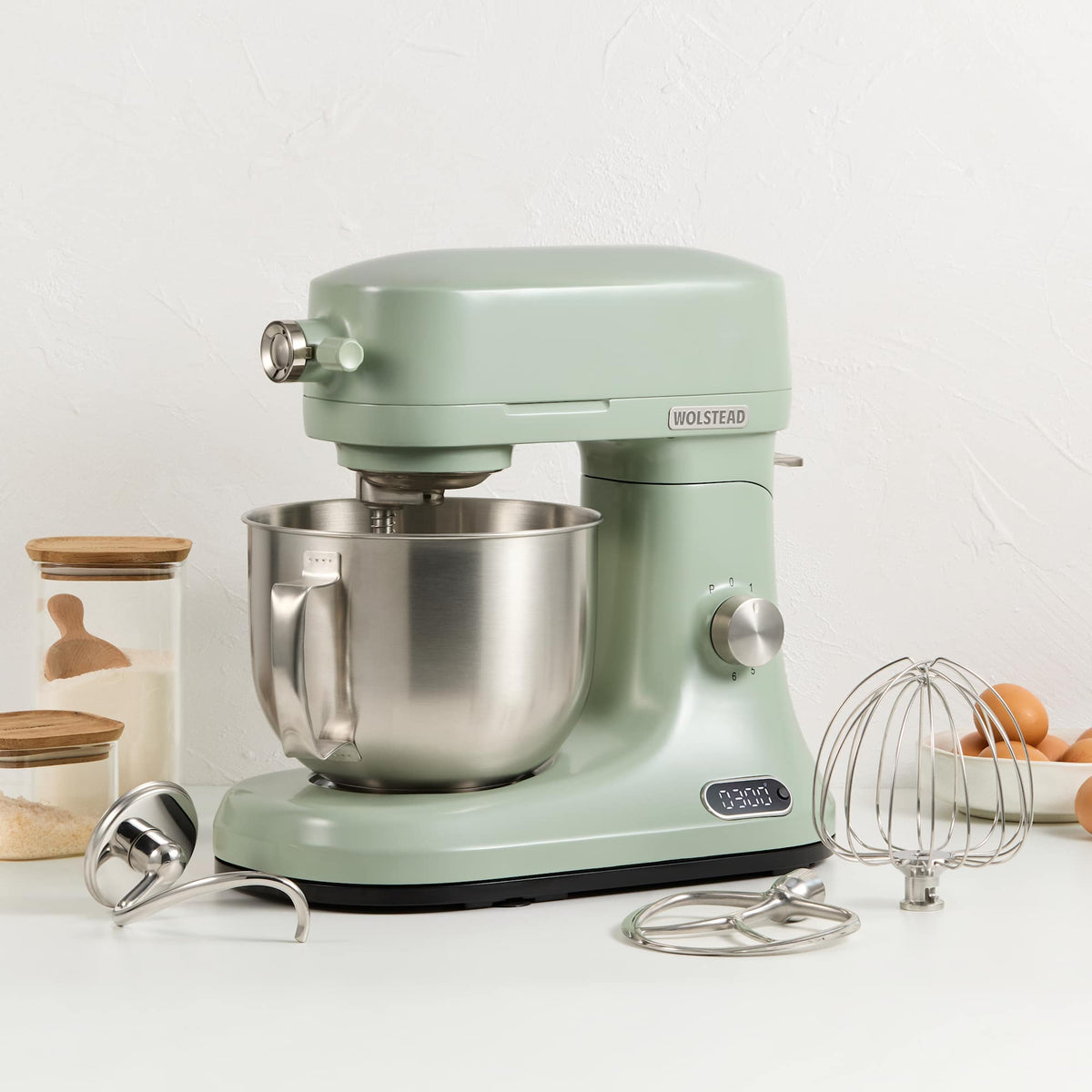 Wolstead Palette Stand Mixer 5L 1200W in Sage Green with built-in scale