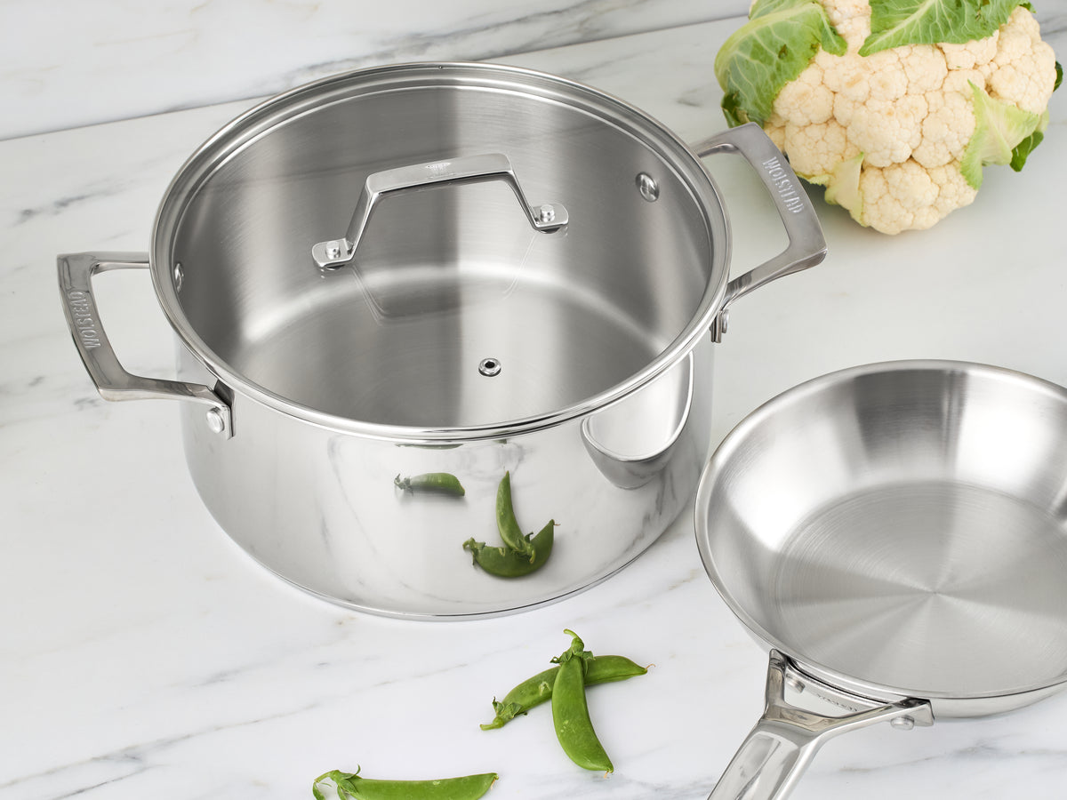 Wolstead Steeltek Ultra 6pc Stainless Steel Cookware Set on stove