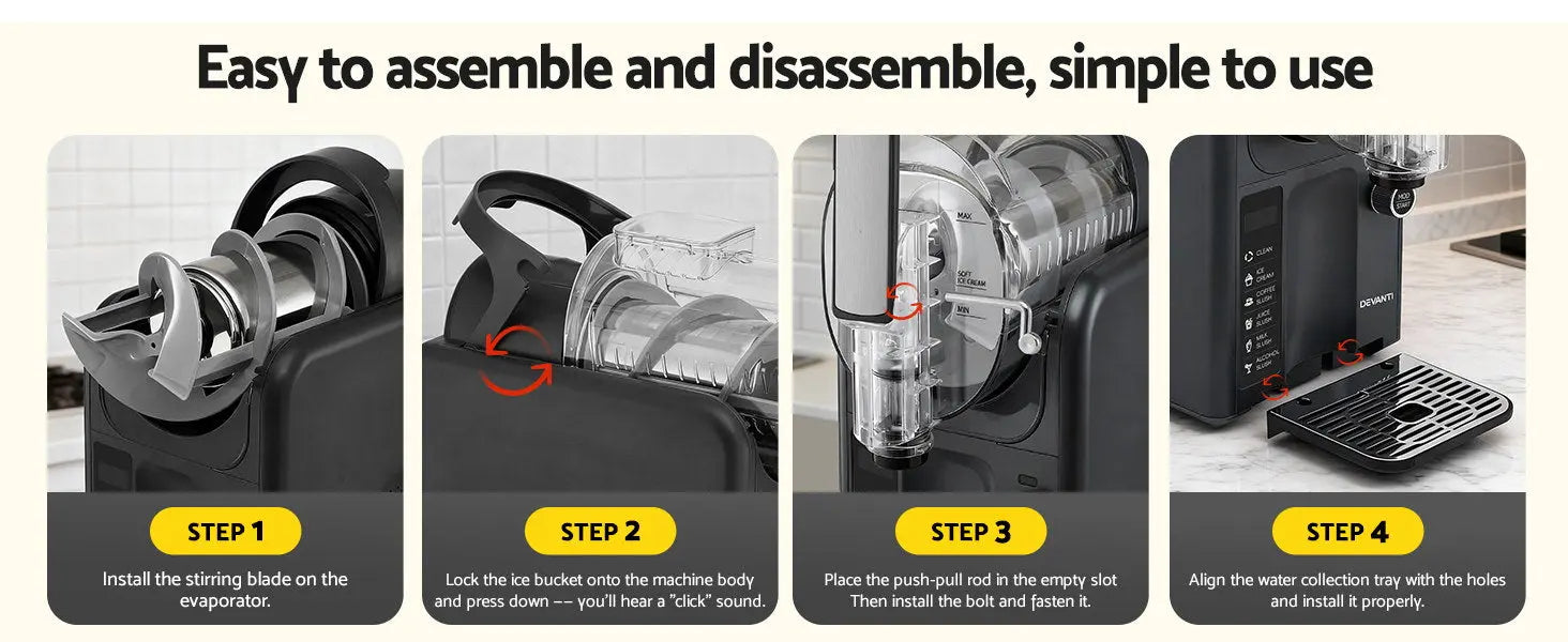 Step-by-step guide on assembling a kitchen appliance with labeled steps.
