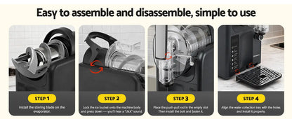 Step-by-step guide on assembling a kitchen appliance with labeled steps.