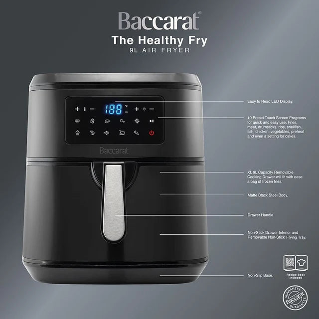 Baccarat Healthy Fry 9L Air Fryer - Family Size, 10 Presets, Black Baccarat Av8Store