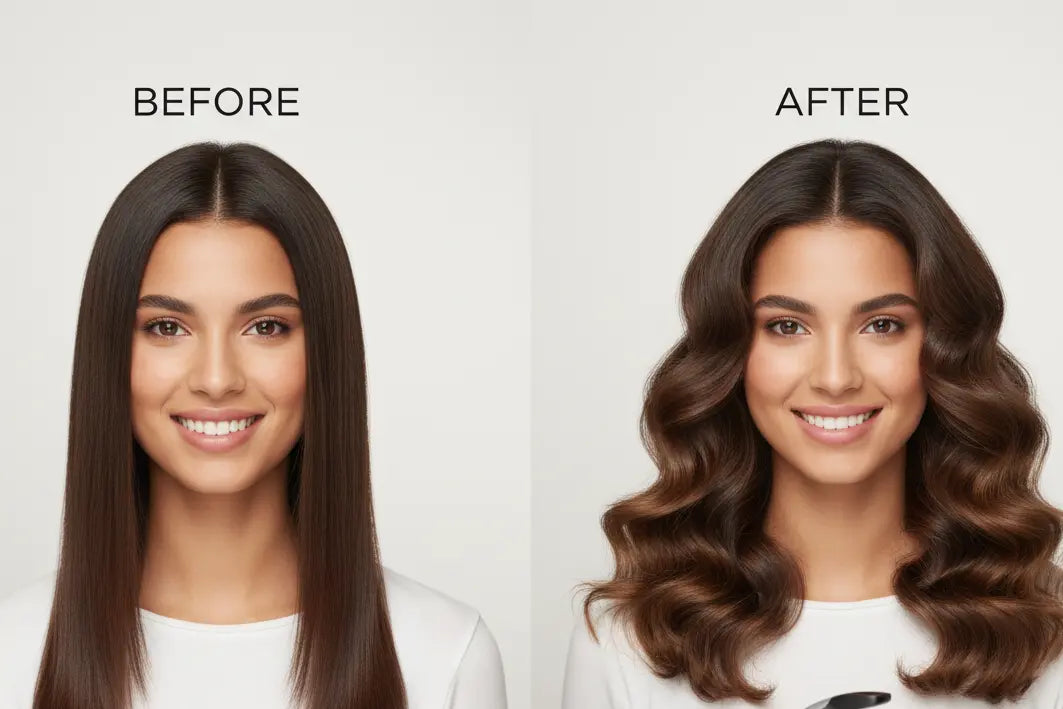 Before and after comparison of a woman's hair using a curling iron on a plain background.
