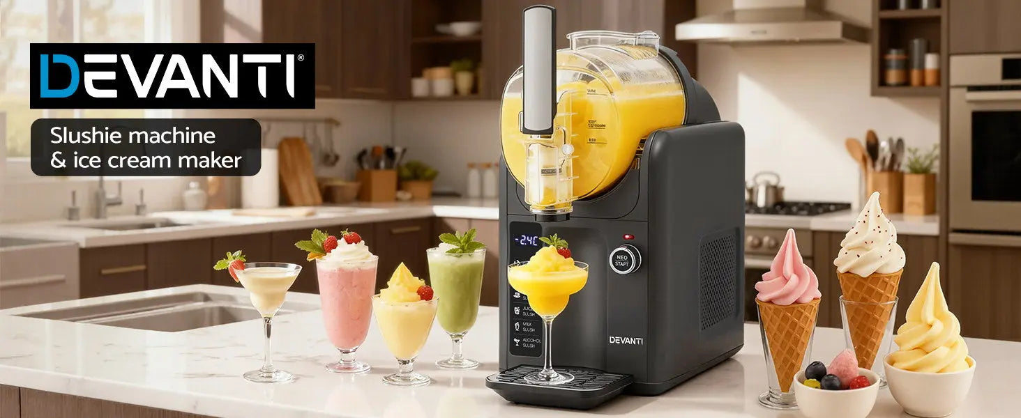 Devanti slushie machine and ice cream maker on a kitchen counter with various ice cream and slushie servings.