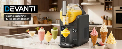 Devanti slushie machine and ice cream maker on a kitchen counter with various ice cream and slushie servings.