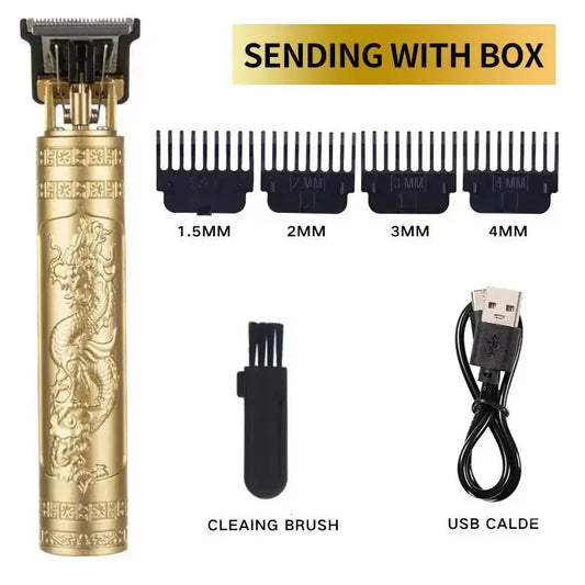 Gold hair trimmer set with attachments and cleaning brush on a white background