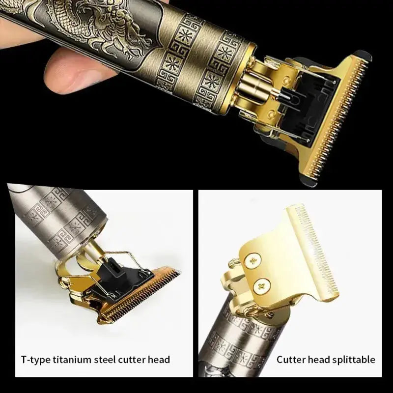 Hair trimmer with detailed design, T-type titanium steel cutter head, and splittable cutter head shown.