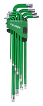 A set of green hex wrenches with silver metal tips, organized in a green TOLERON tool holder against a plain white background.