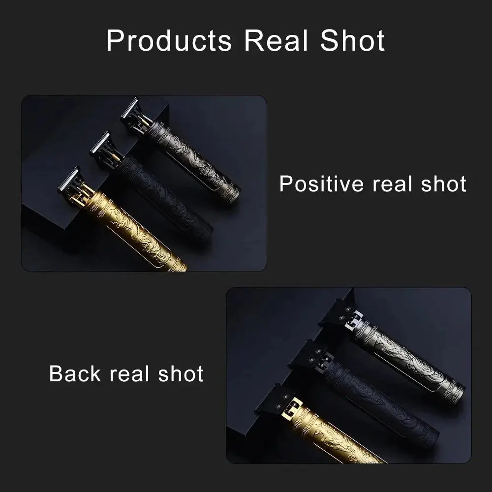 Two views of a gold and black razor on a dark background with text indicating 'Products Real Shot' and 'Positive real shot'.