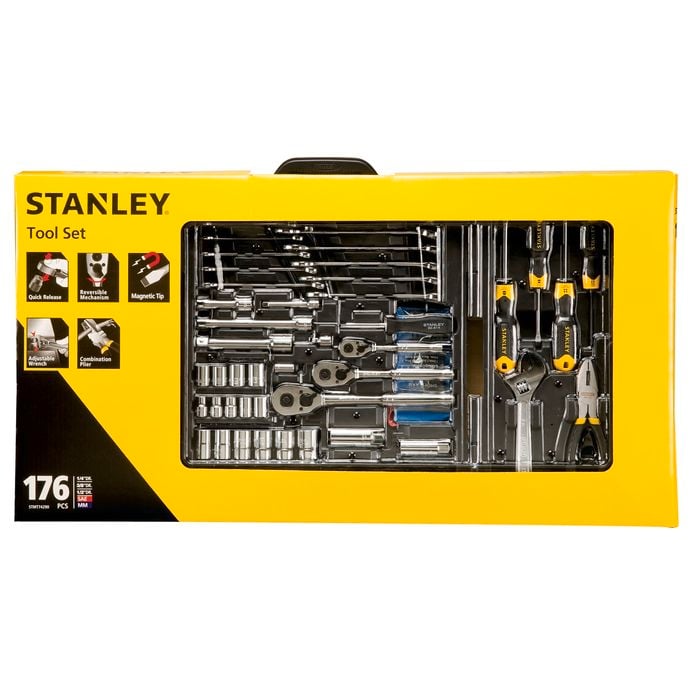 STANLEY 176-piece socket wrench tool set in its original yellow and black retail packaging, showing the tools organized inside a clear window.
