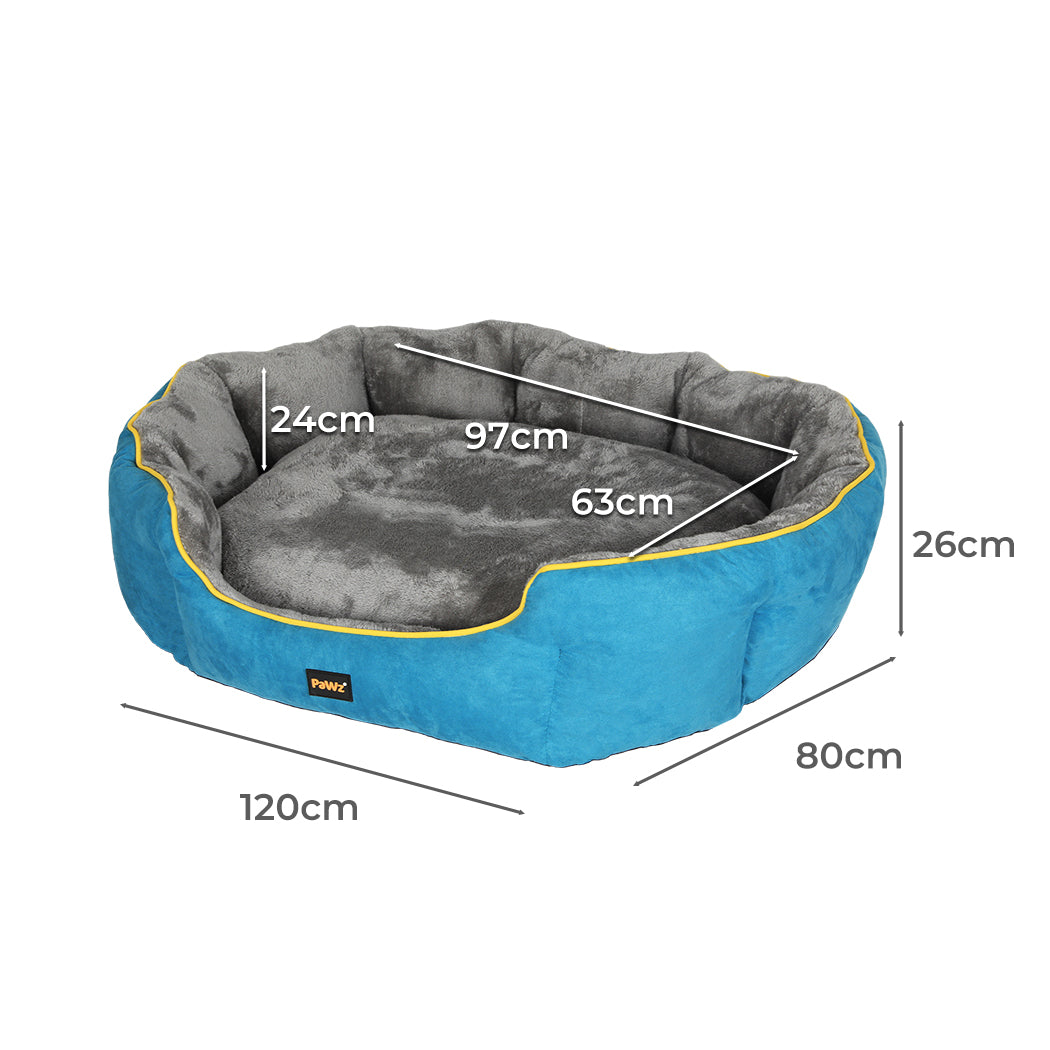 Measurement chart of a blue and gray pet bed with dimensions labeled.