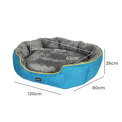Measurement chart of a blue and gray pet bed with dimensions labeled.