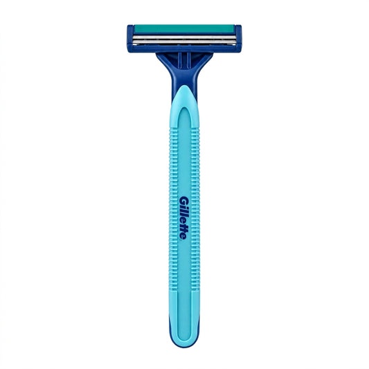 Gillette razor with 'Easy Grip Handle' text on a blue and green gradient background