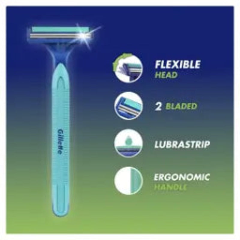 Gillette flexible head razor shown on a blue-to-green gradient background with feature callouts: flexible head, 2 bladeed, lubricastrip, and ergonomic handle.