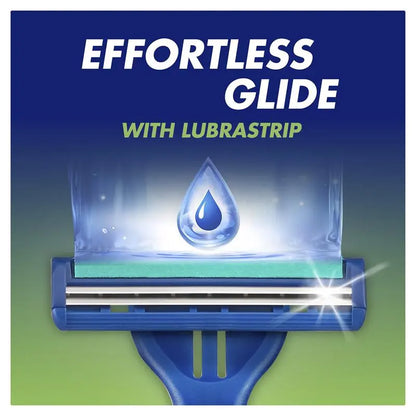 Promotional graphic for a blue disposable razor showing the Lubrastrip lubricating strip and the text 'EFFORTLESS GLIDE WITH LUBRASTRIP' on a blue-to-green gradient background.