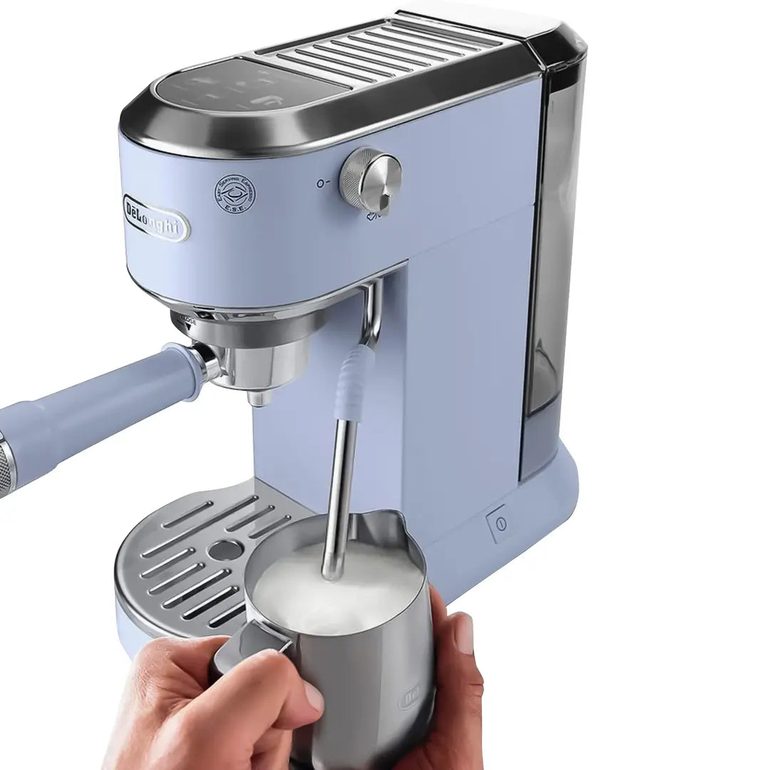 DeLonghi Dedica Duo EC890LA Dubai Blue steaming milk with steam wand into stainless steel milk jug