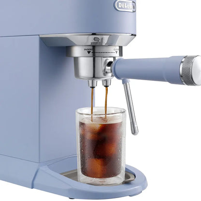 DeLonghi Dedica Duo EC890LA close-up of cold brew espresso extraction into iced glass