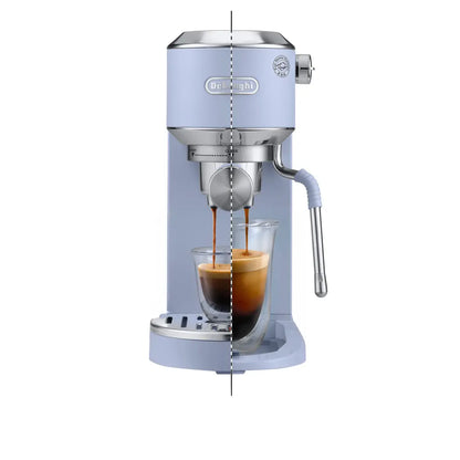 DeLonghi Dedica Duo EC890LA Dubai Blue split-view showing espresso and cold brew extraction into glass cup
