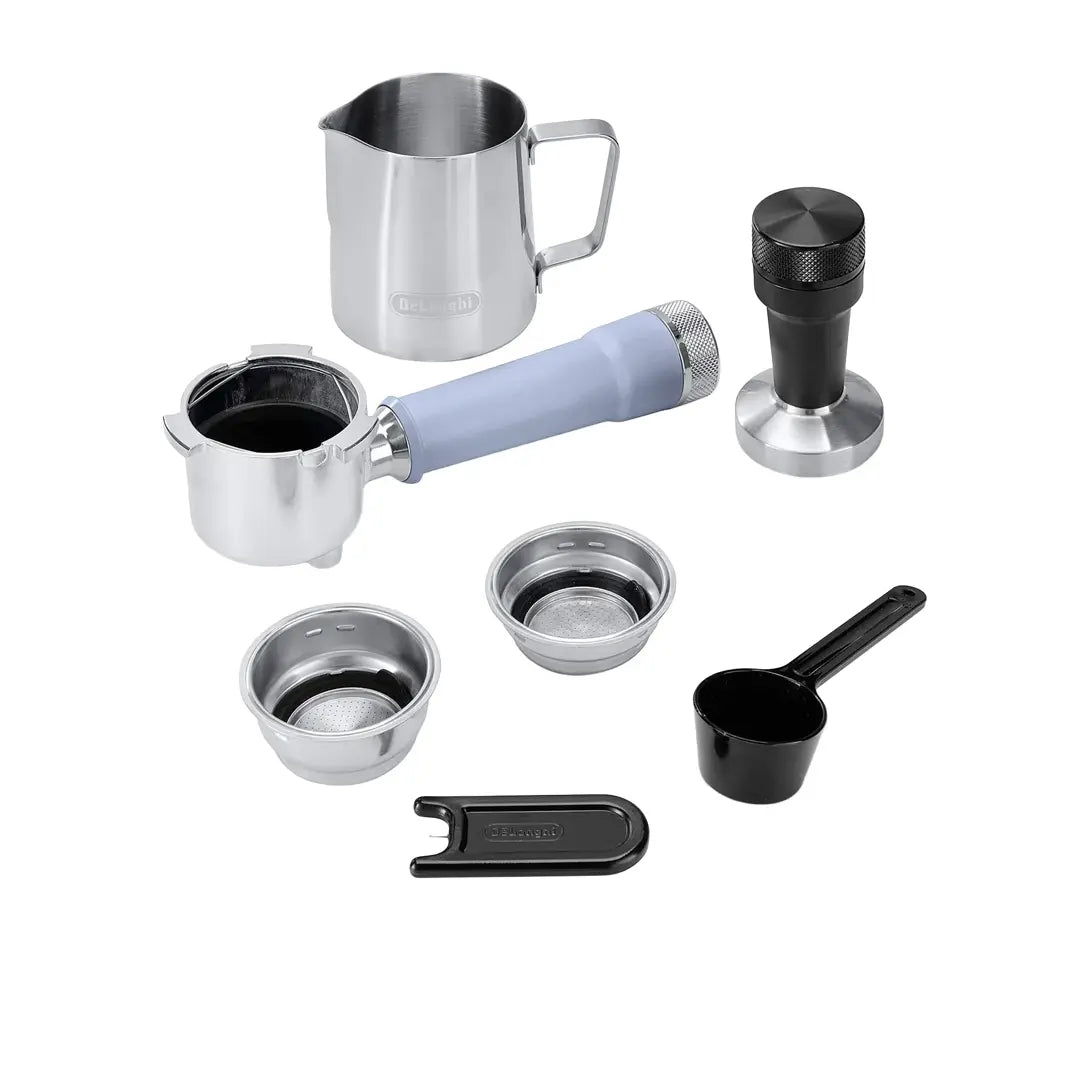 DeLonghi Dedica Duo EC890LA accessories including portafilter, filter baskets, tamper, milk jug and coffee scoop
