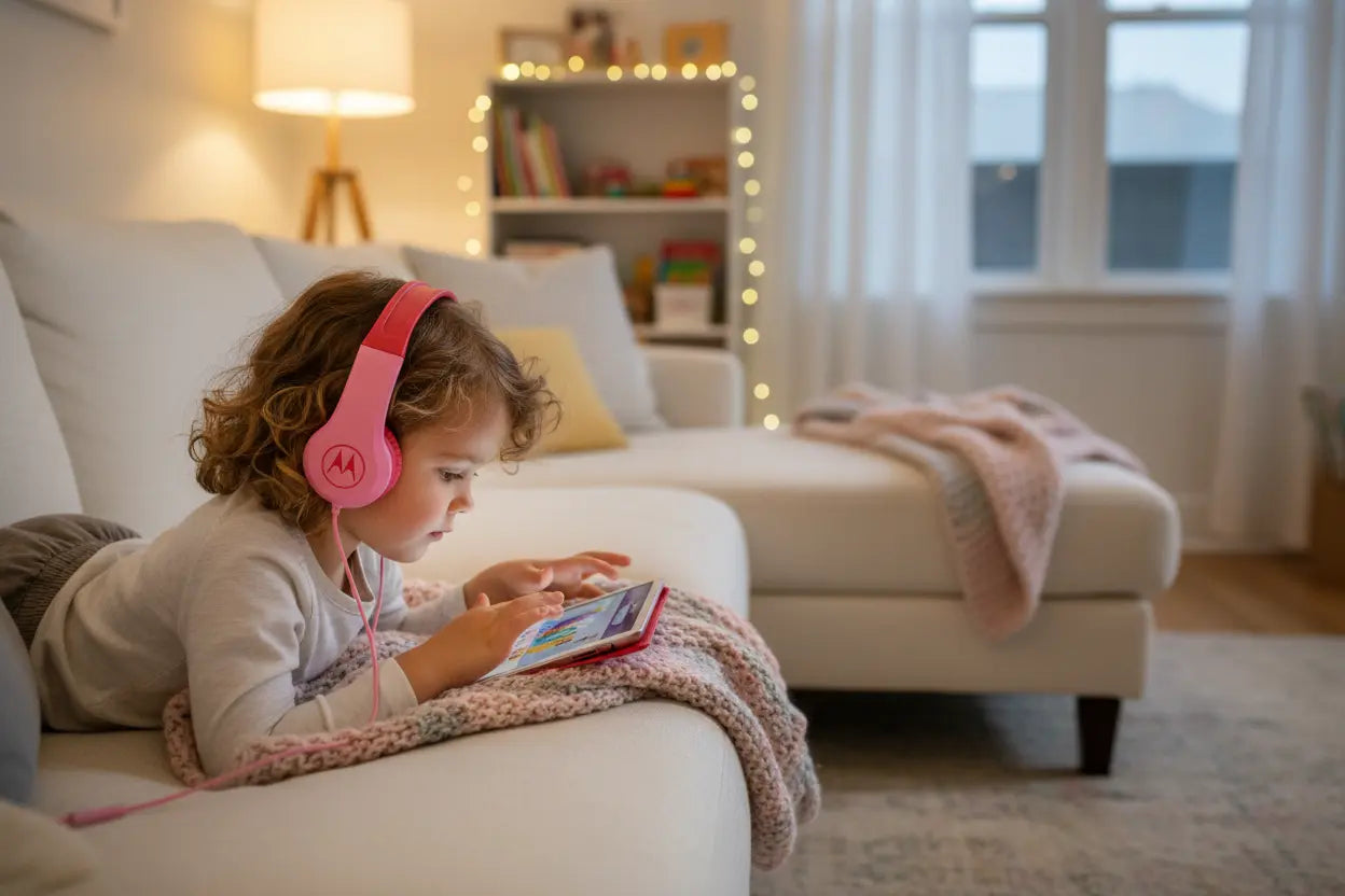 Motorola Kids Wired Over‑Ear Headphones – Pink | In‑Line Mic + 3.5mm Audio Splitter | School headphones KGS