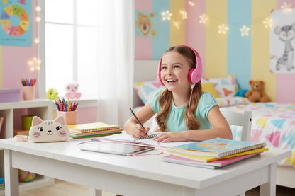 Motorola Kids Wired Over‑Ear Headphones – Pink | In‑Line Mic + 3.5mm Audio Splitter | School headphones KGS