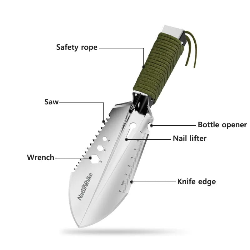 Camping shovel features: saw edge, wrench slot, bottle opener, nail lifter and safety rope
