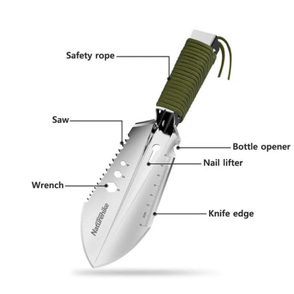 Camping shovel features: saw edge, wrench slot, bottle opener, nail lifter and safety rope