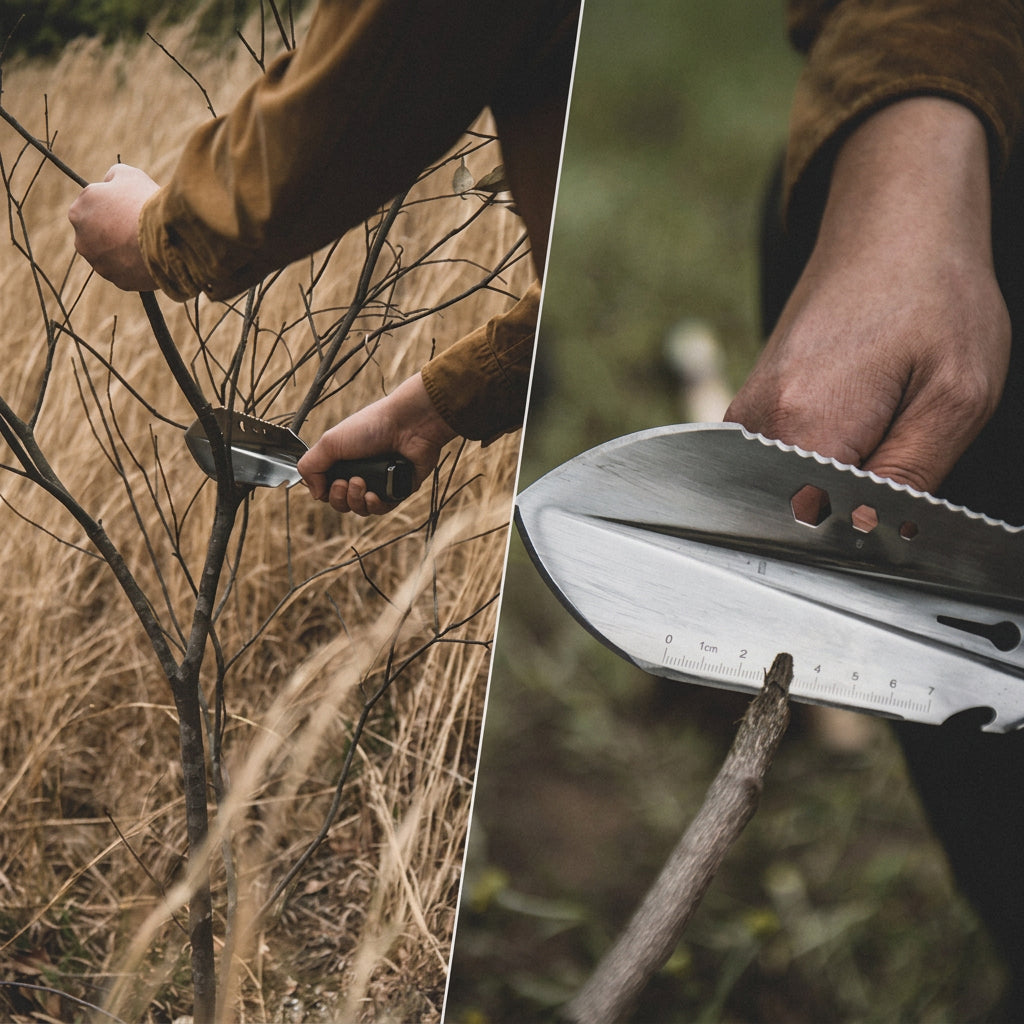 Naturehike camping shovel being used outdoors to cut a branch