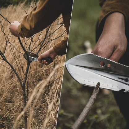 Naturehike camping shovel being used outdoors to cut a branch