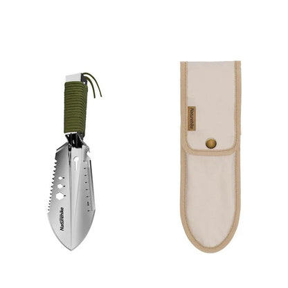 Naturehike camping shovel shown beside its included sheath